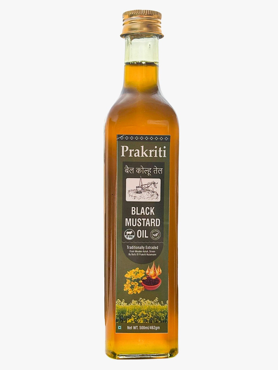 Pure Black Mustard Oil – Bull-Driven, Cold-Pressed & Unrefined for Heart & Hair Health, 500ml front view