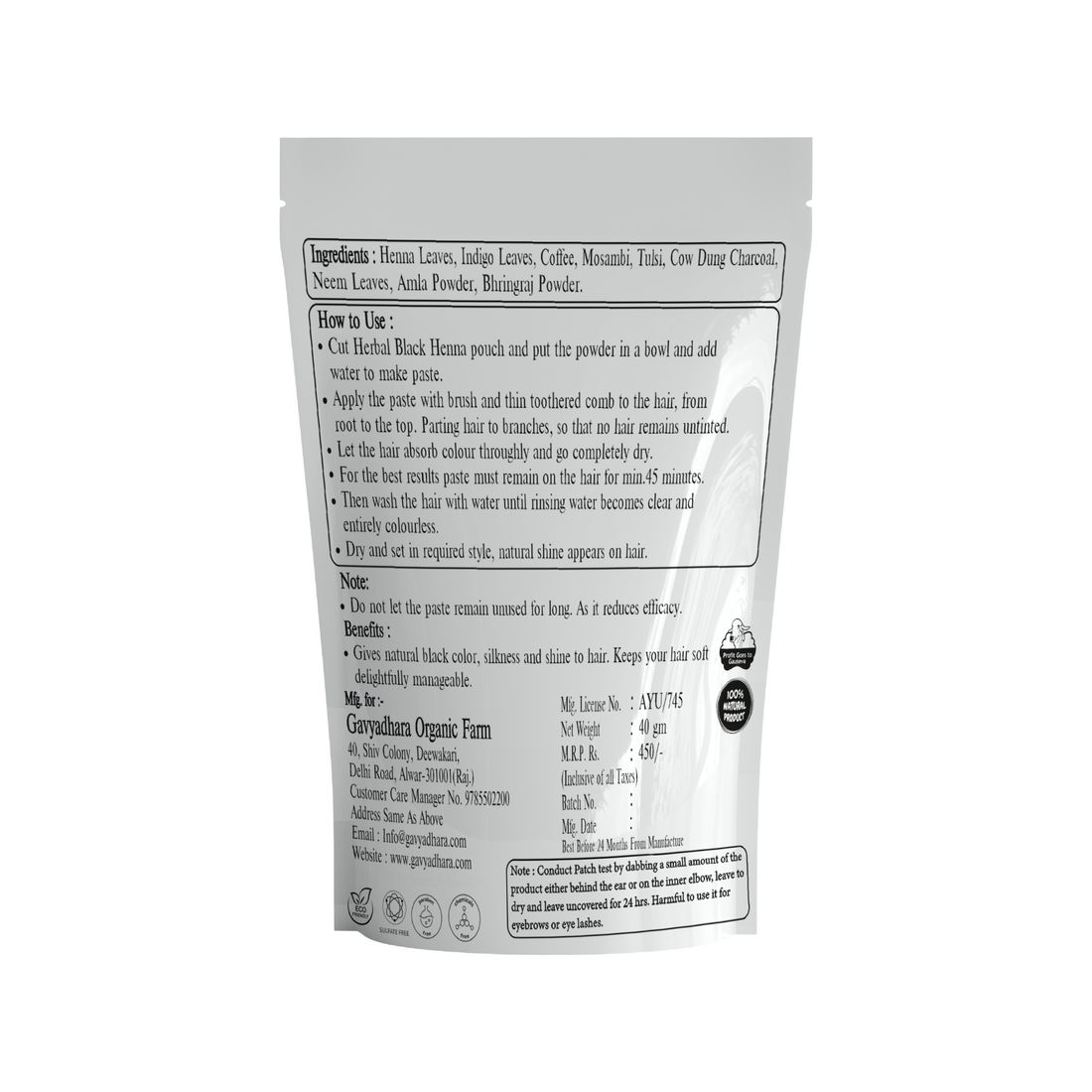 100% Herbal Black Hair Color – Covers Grey Naturally, No Ammonia, 40gm Pack front view