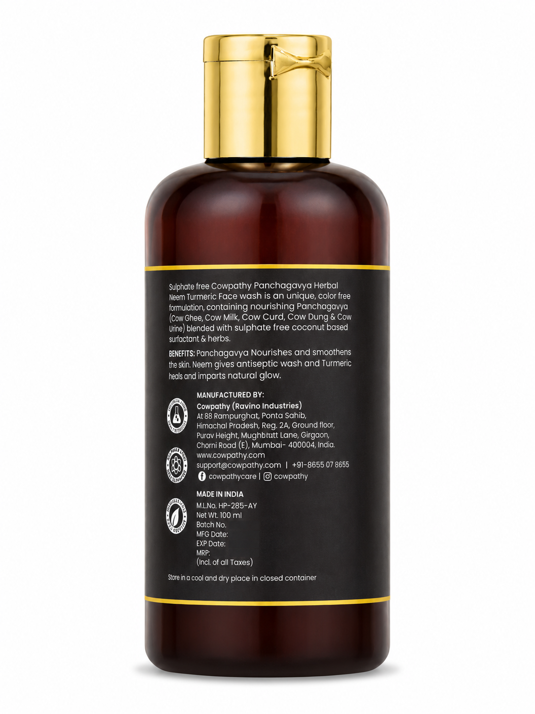 Cowpathy Panchagavya Activated Charcoal Face Wash | Ayurvedic Herbal Face Cleanser with Neem & Turmeric | Deep Cleansing, Oil Control & Natural Glow | Sulphate, Paraben & Soap Free, 100ml