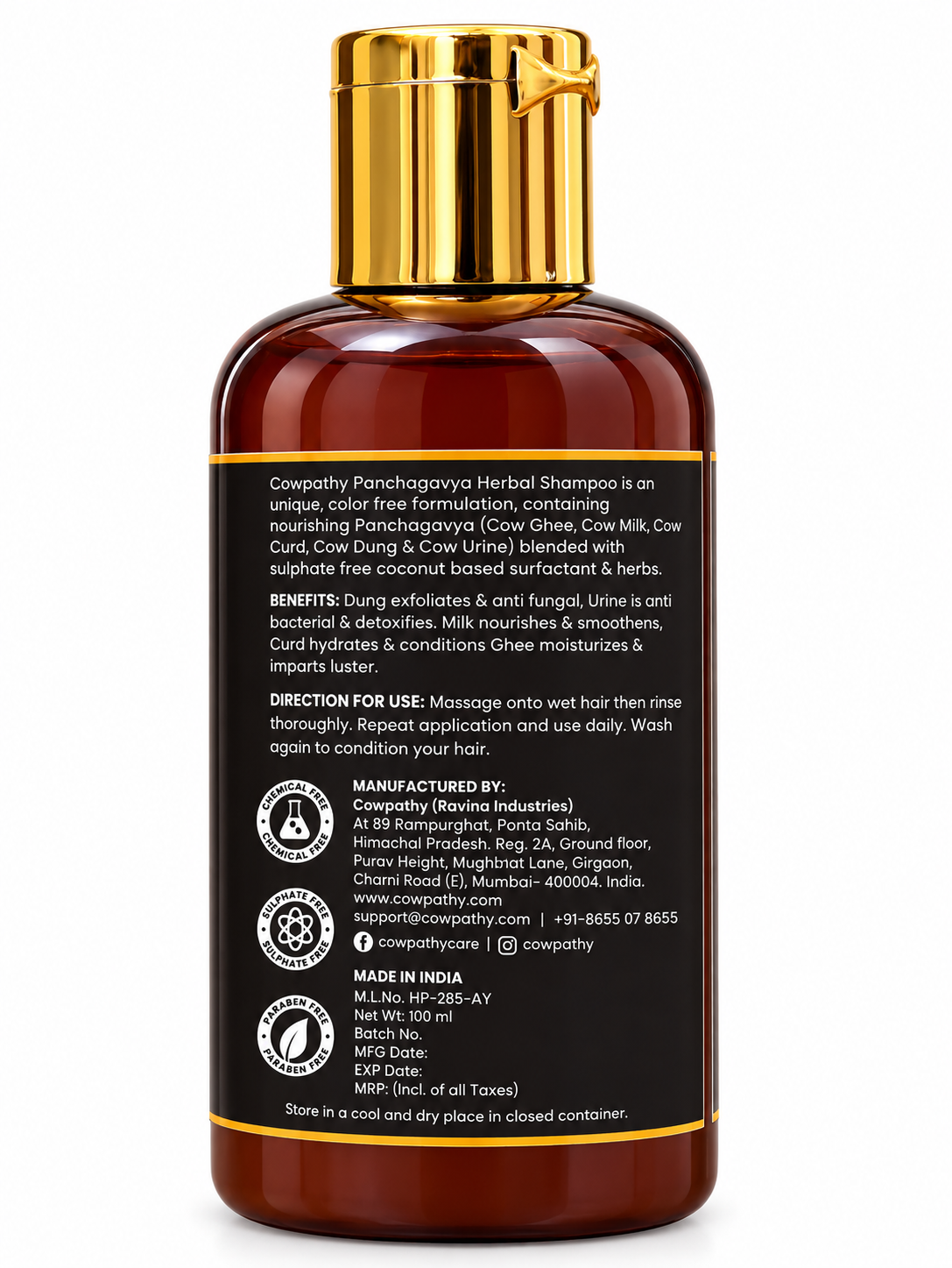 Cowpathy Panchagavya Herbal Shampoo with Activated Charcoal | Sulphate & Paraben Free | Panchagavya Hair Care Shampoo, 100 ml