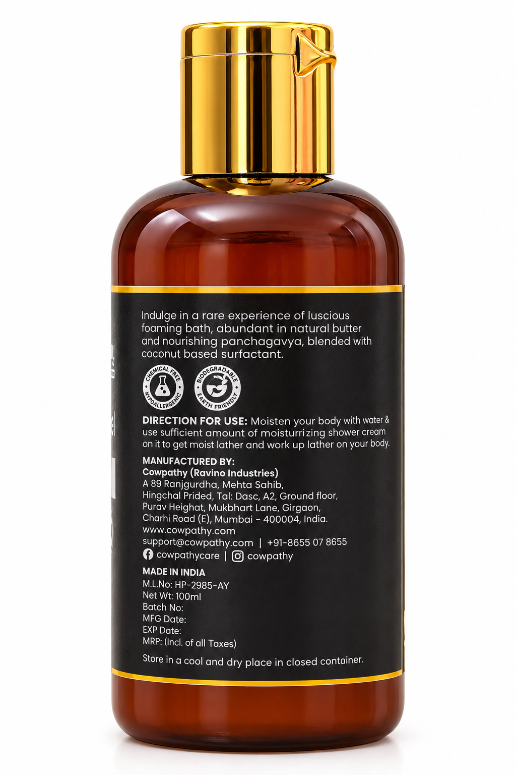 Cowpathy Panchagavya Shower Gel with Activated Charcoal – Natural Butter & Herbal Body Wash, 100ml