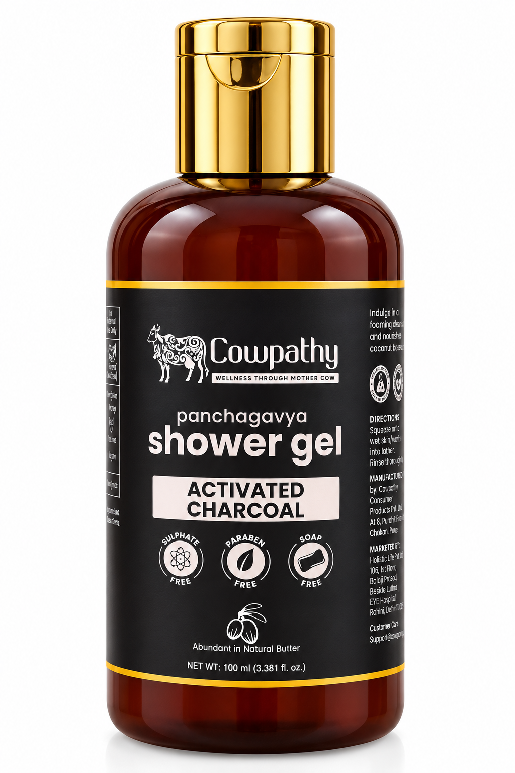Cowpathy Panchagavya Shower Gel with Activated Charcoal – Natural Butter & Herbal Body Wash, 100ml
