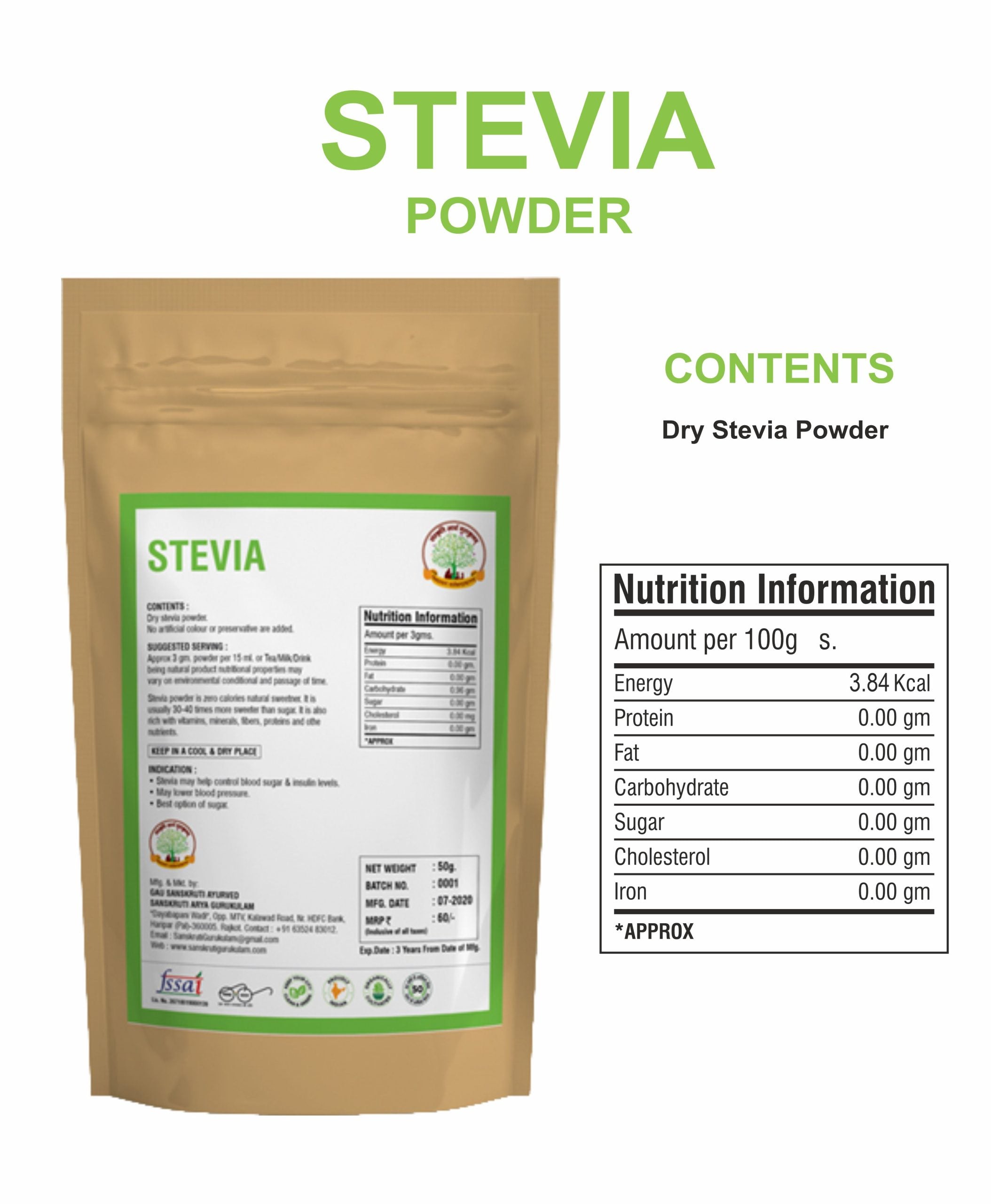 Gau Sanskruti Stevia Powder - Natural Herbal Sugar Substitute, 50gm