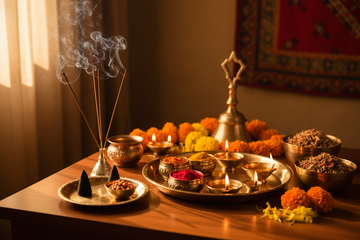 generate an image for pooja items according to indian culture like: Agarbatti, Dhoop, Sambrani Cup, Havan etc