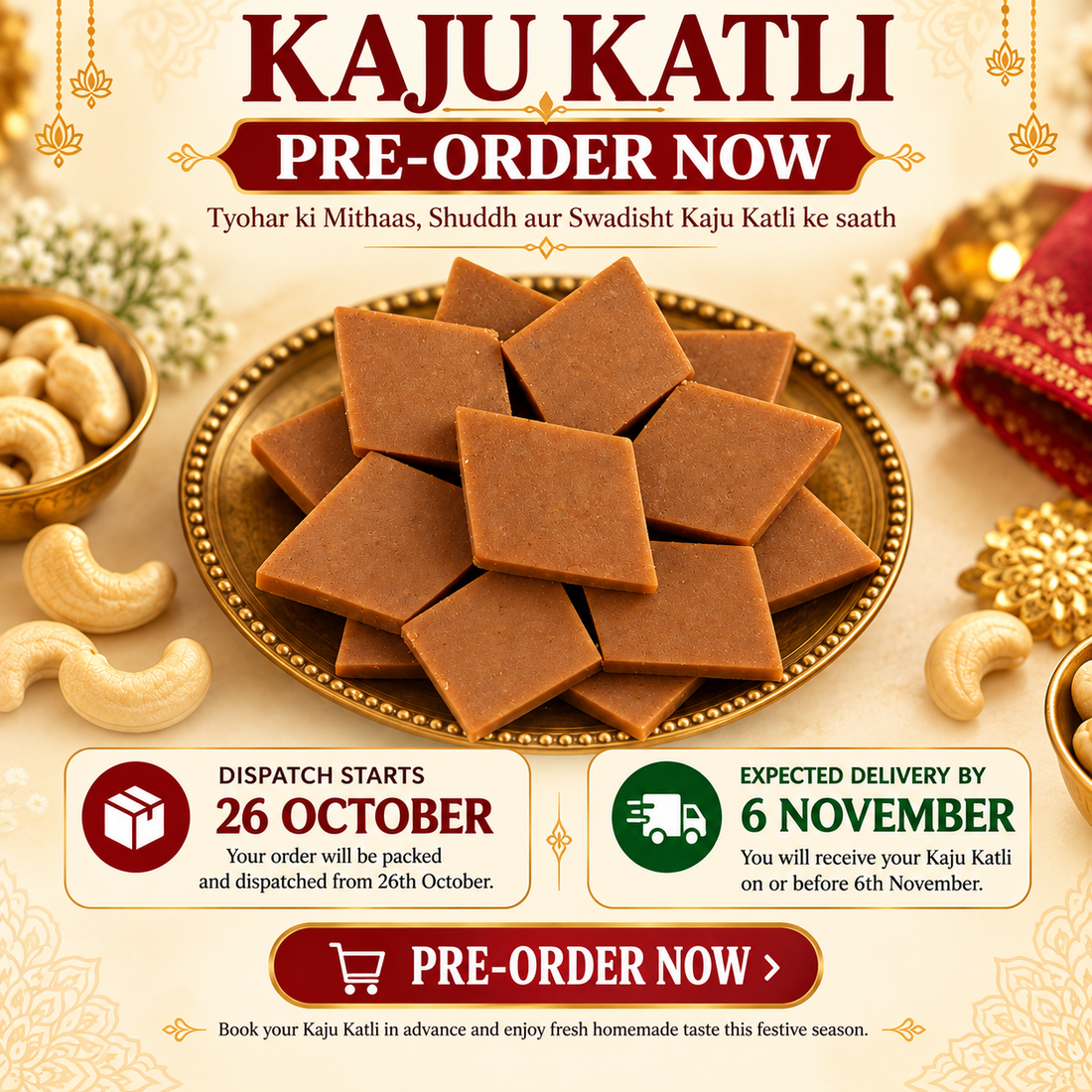 Pure Kaju Burfi (Katli), 500gm front view