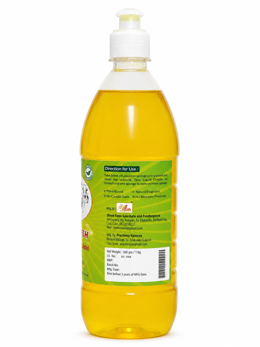 Shree Reva Enzyme Based Dishwash Liquid | Herbal Dishwashing Liquid | Plant-Based Kitchen Cleaner | Tough on Grease, Gentle on Hands, 1Ltr