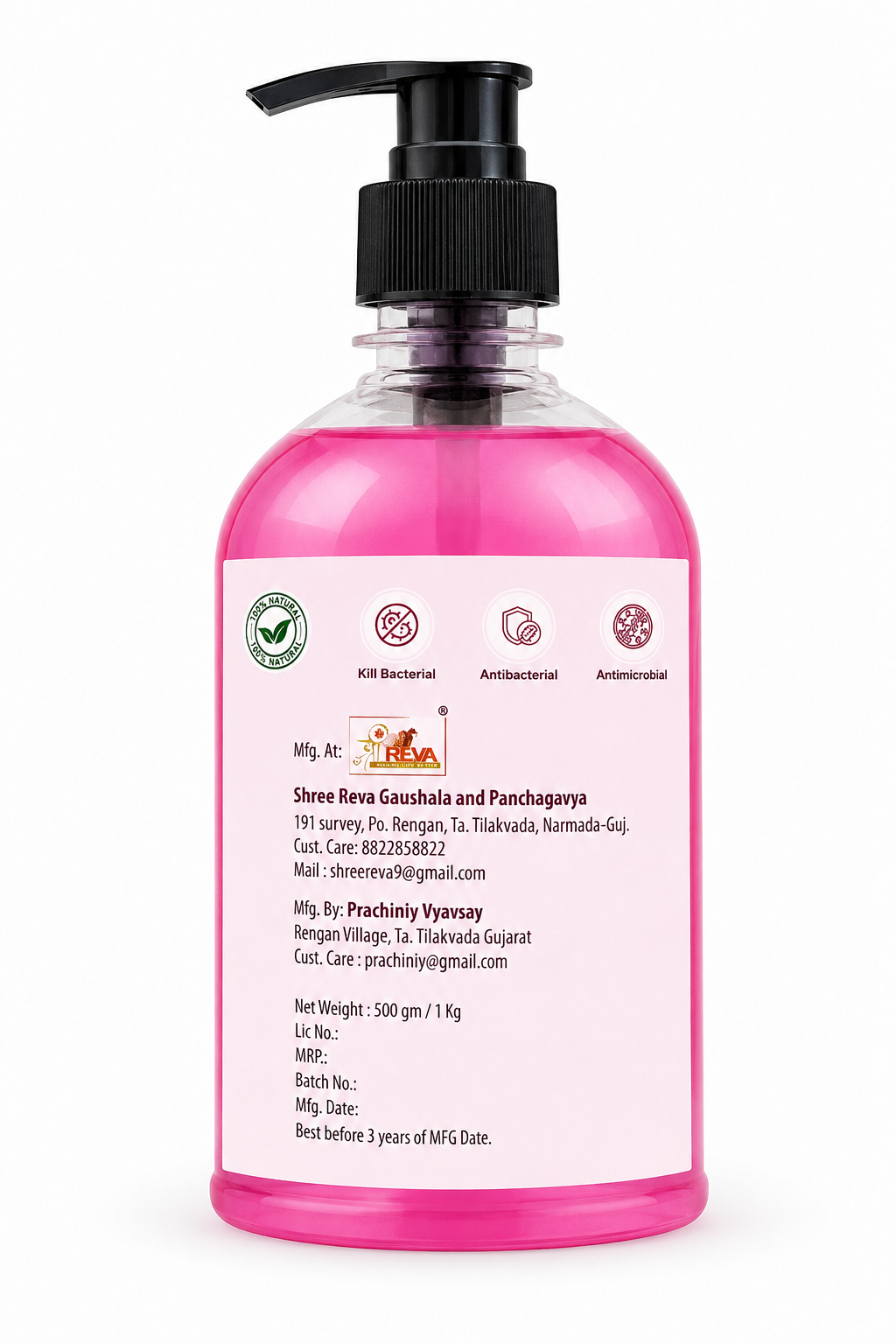 Shree Reva Strawberry Enzyme Based Hand Wash | Herbal Antibacterial Liquid Hand Wash | Skin-Friendly & Moisturizing Formula, 500ml