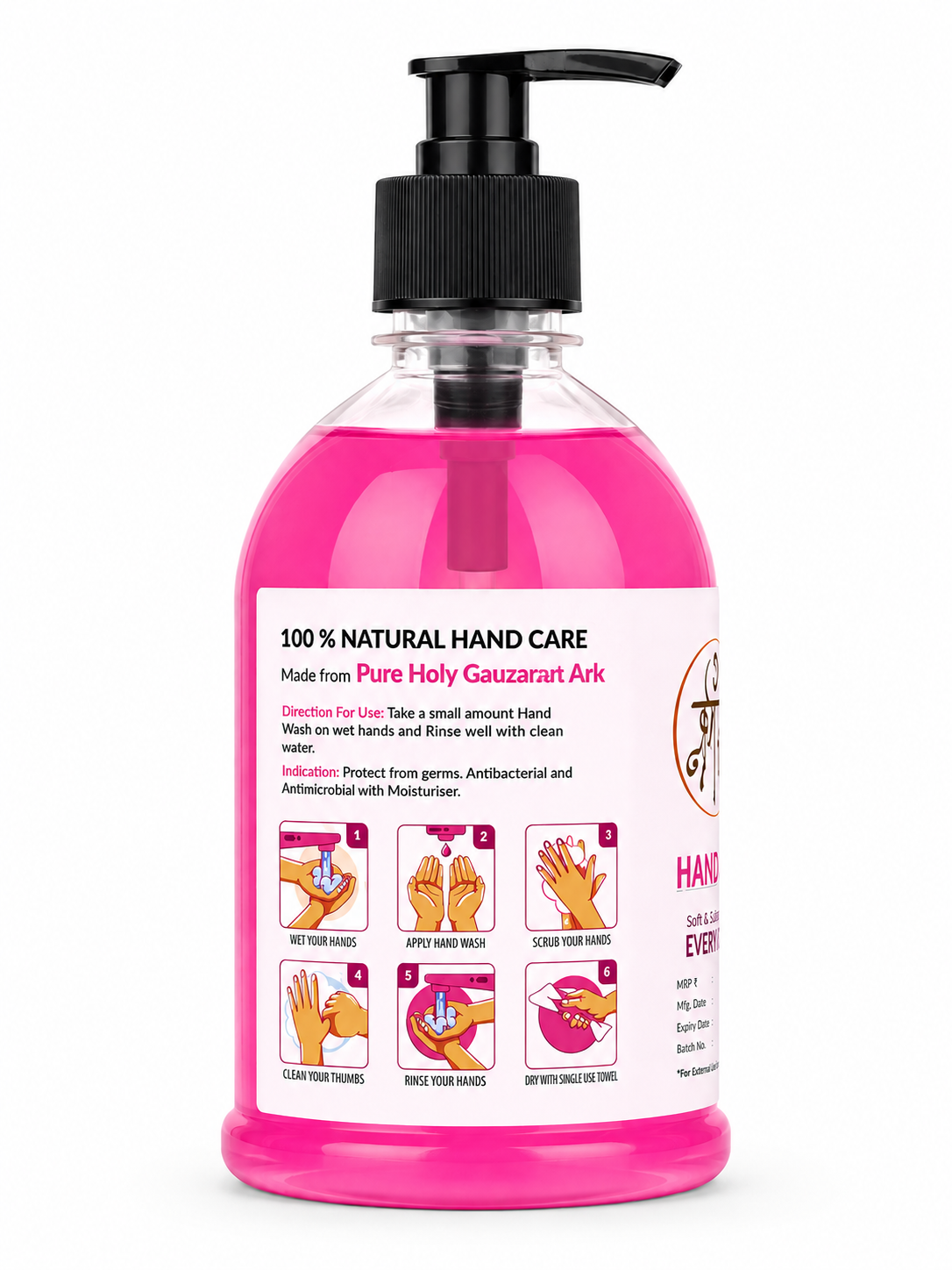 Shree Reva Strawberry Enzyme Based Hand Wash | Herbal Antibacterial Liquid Hand Wash | Skin-Friendly & Moisturizing Formula, 500ml